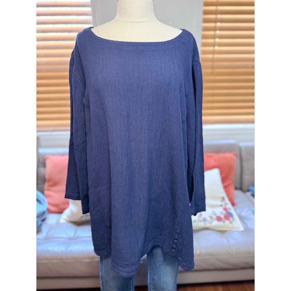 Soft Surroundings Navy Crinkle Gauze Tunic Top 3X Boat Neck Button Detail
